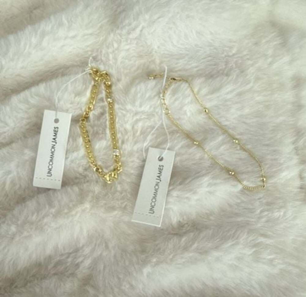 Uncommon James Gold Zirconia Curb Chain and Station Bead Bracelet Set of 2